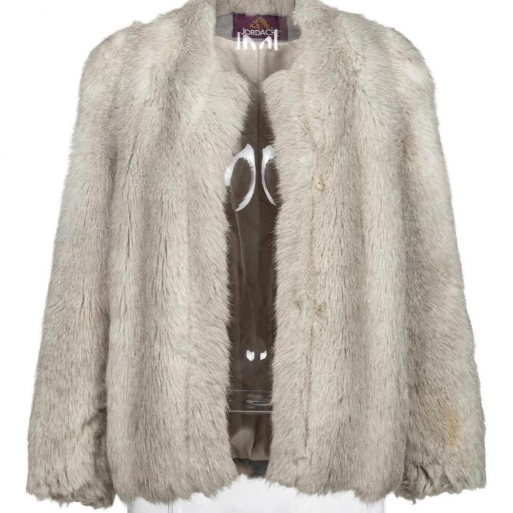 VTG Jordache Faux Fur Coat Jacket Womens Gray Silver Fox 80s 90s Lined Satin Y2K